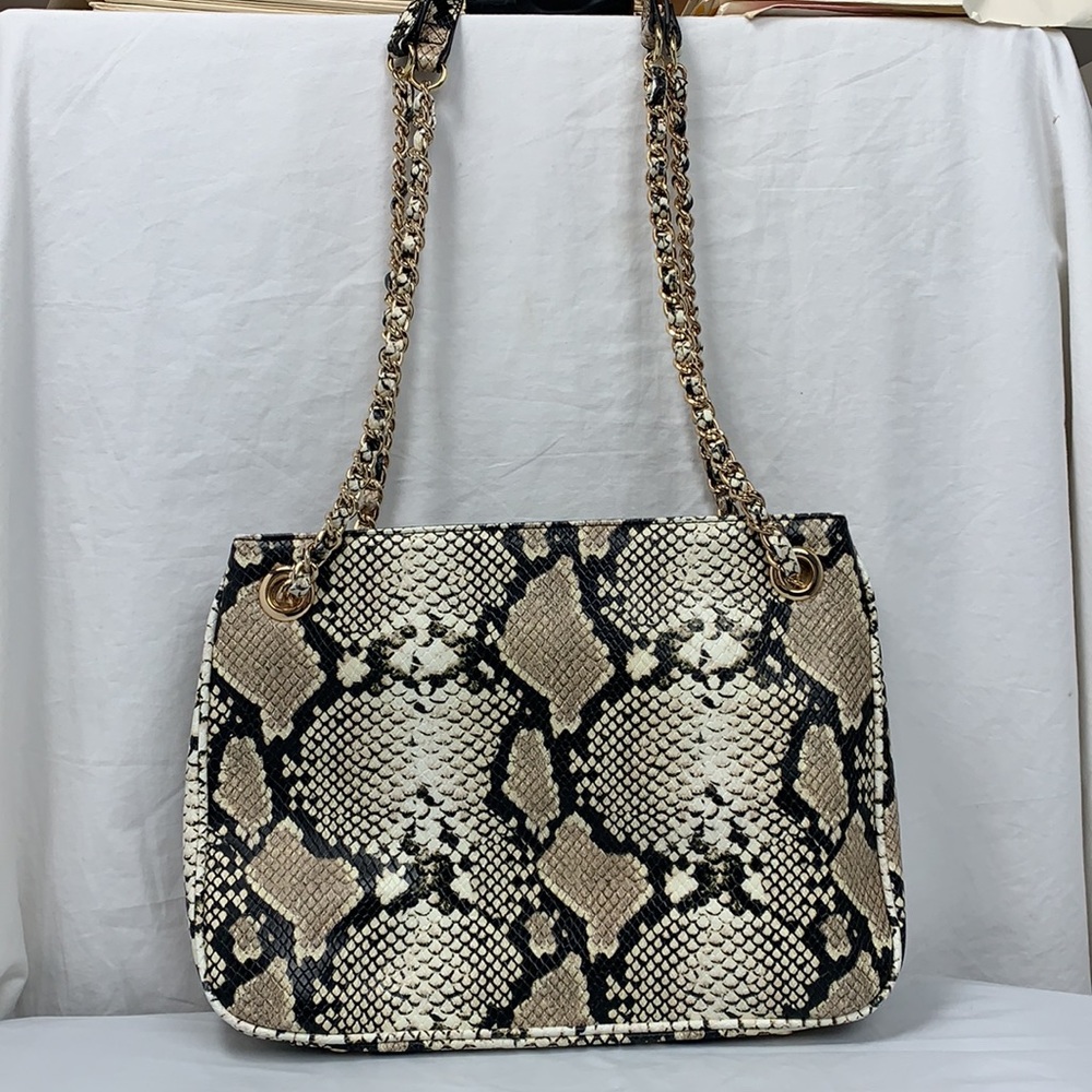 INC Purse Shoulder Bag Tan Vegan Snake Faux Reptile Large Chain Zippered Satchel - Picture 7 of 16